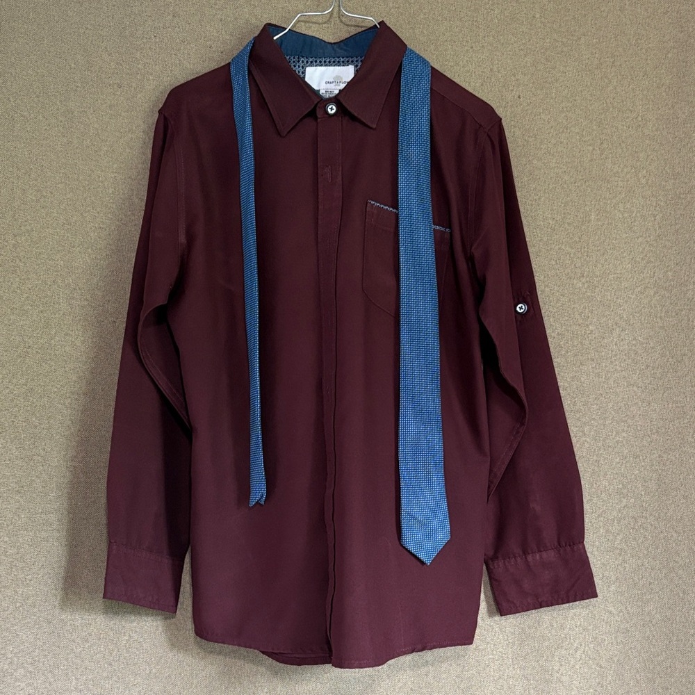 Kids Burgundy Button Down Shirt with Blue Accents Size 10